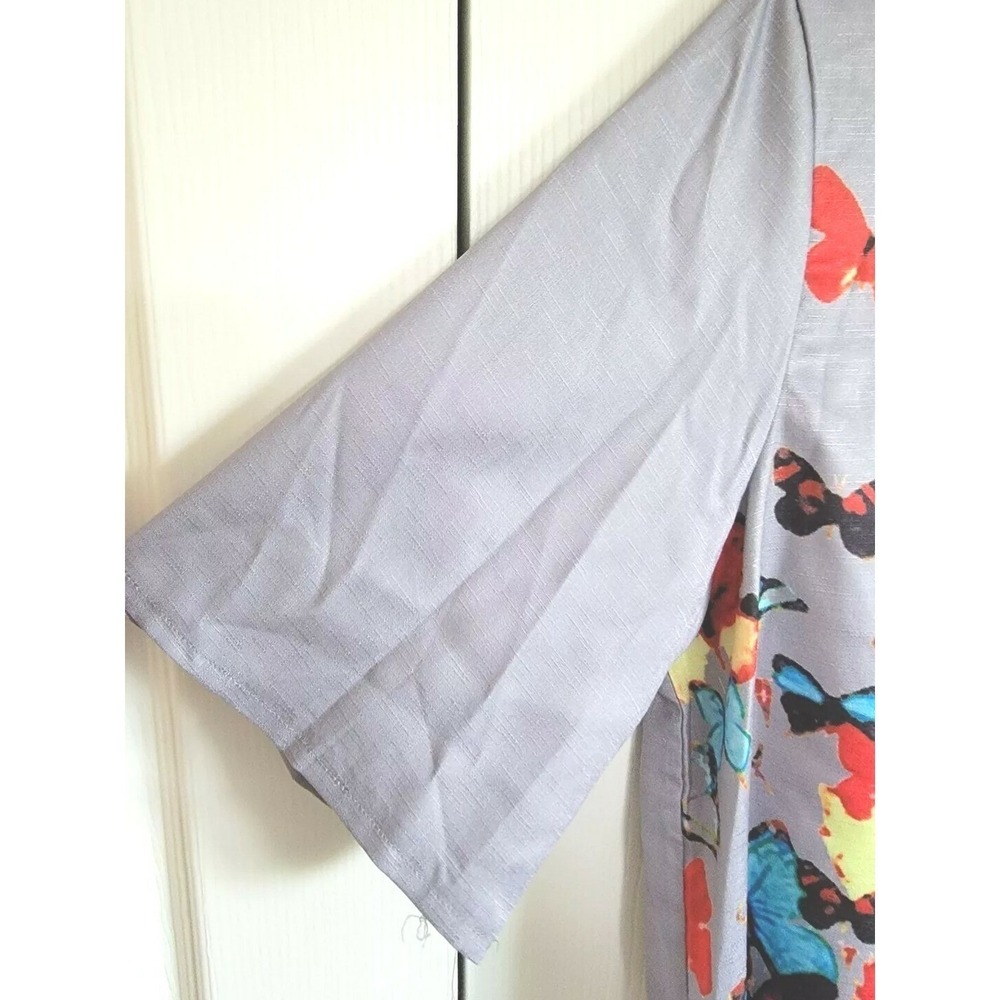 Misslook L Womens Butterfly Garden Print Short Sleeve‎ Top Gray Multi Color - Picture 8 of 9